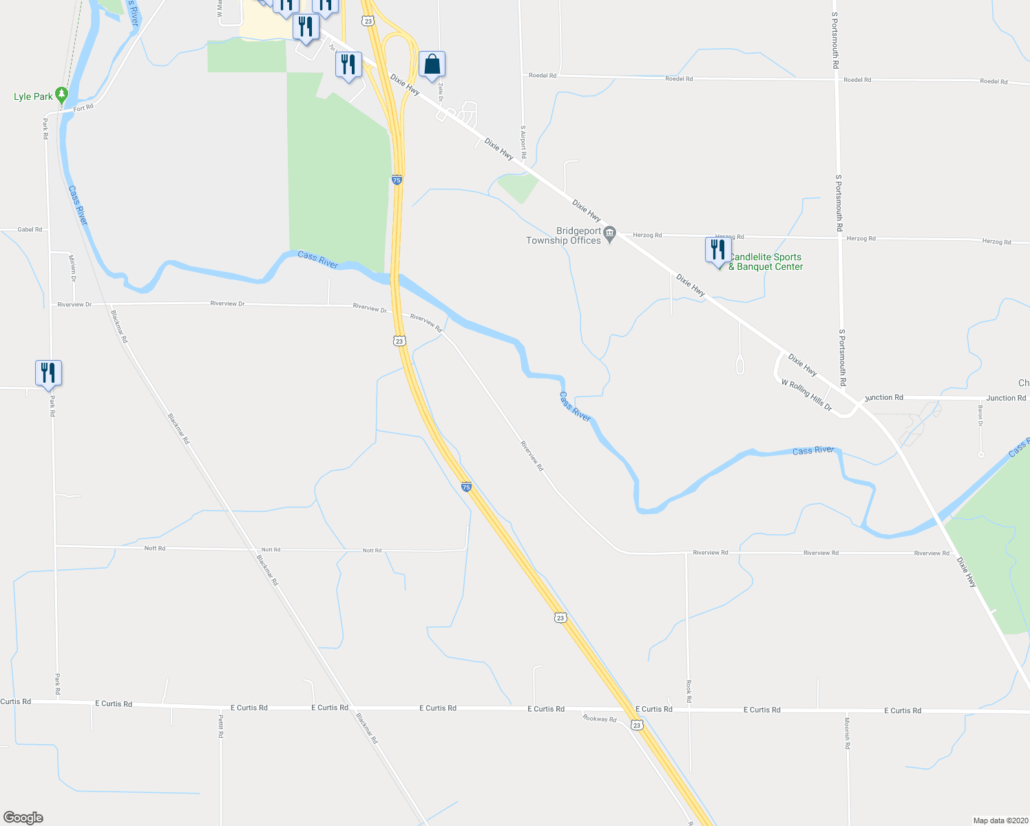 map of restaurants, bars, coffee shops, grocery stores, and more near 4935 Riverview Drive in Bridgeport Charter Township