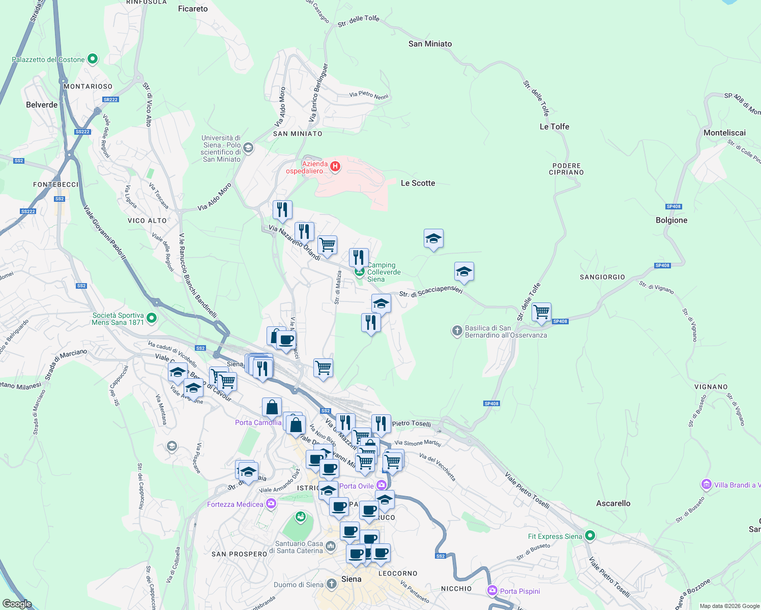 map of restaurants, bars, coffee shops, grocery stores, and more near Via Antonio Pacinotti in Siena