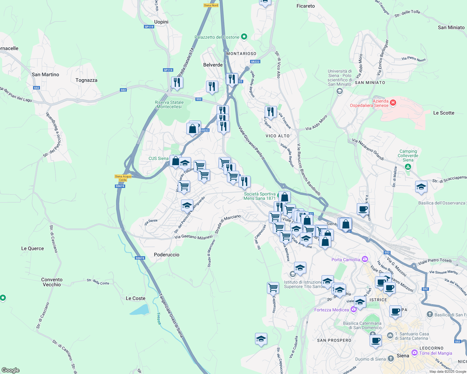 map of restaurants, bars, coffee shops, grocery stores, and more near 32 Strada del Petriccio e Belriguardo in Siena