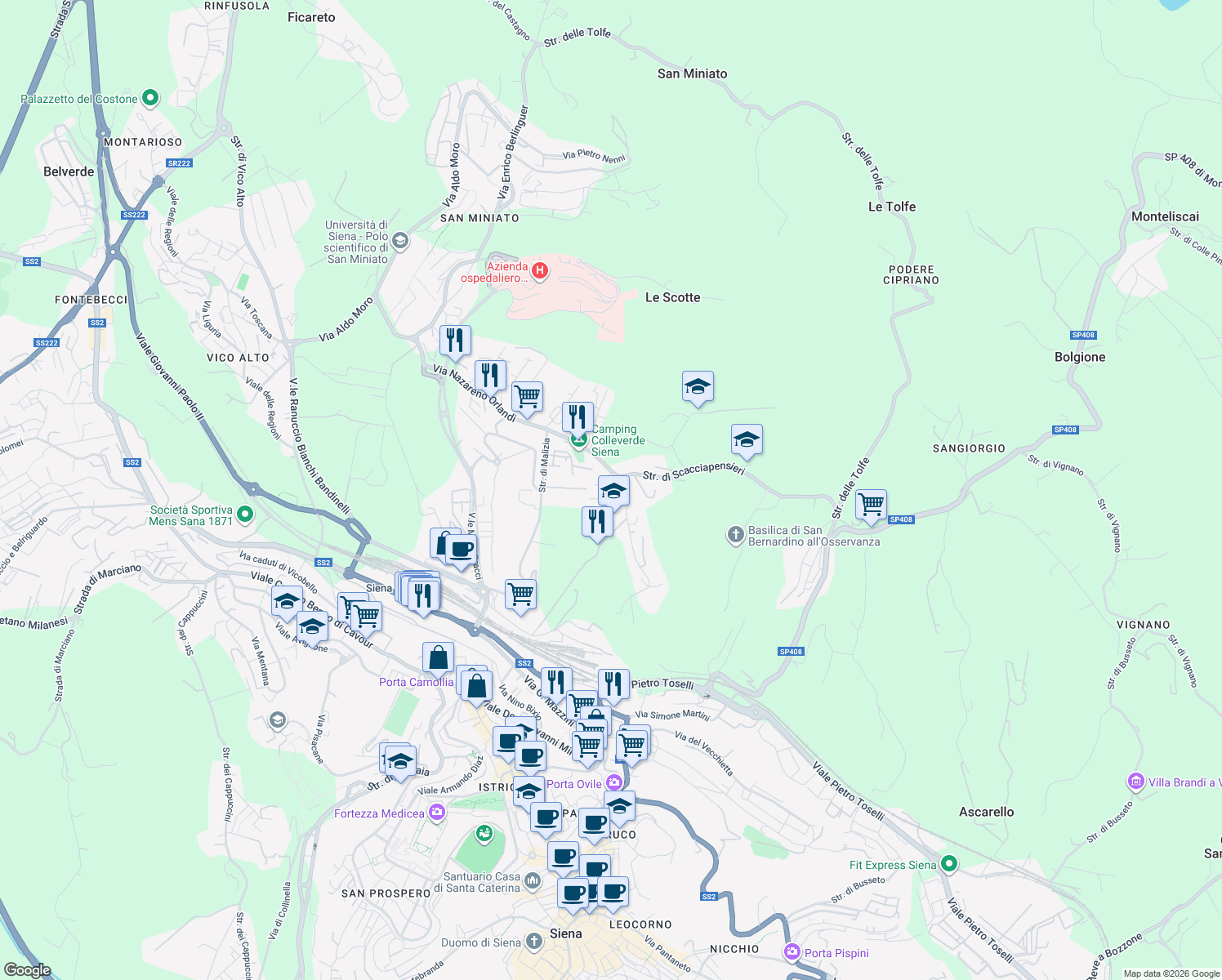 map of restaurants, bars, coffee shops, grocery stores, and more near Via Antonio Pacinotti in Siena