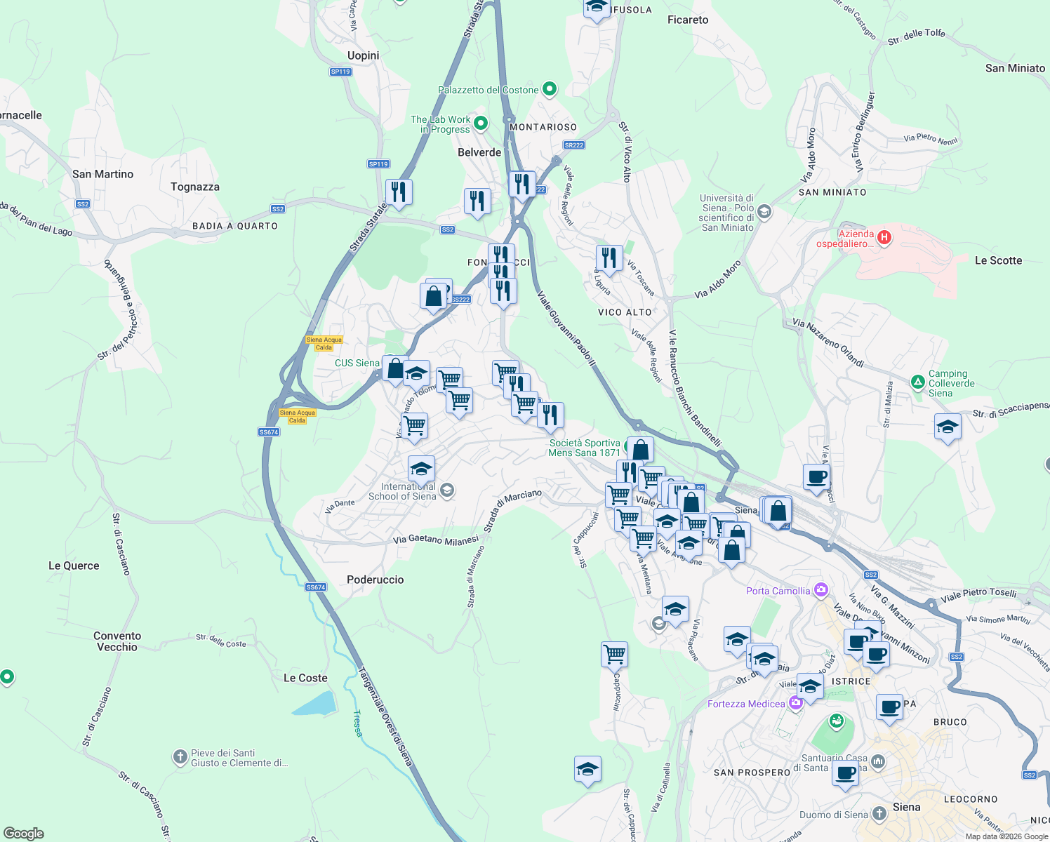 map of restaurants, bars, coffee shops, grocery stores, and more near 2 Via C. Cittadini in Siena