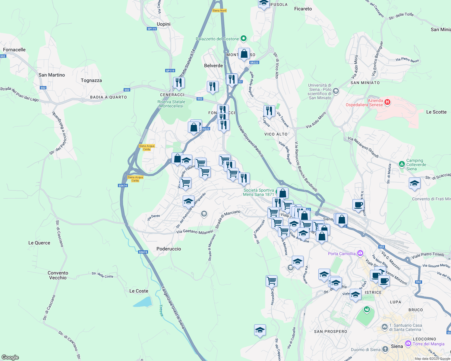 map of restaurants, bars, coffee shops, grocery stores, and more near 48 Strada del Petriccio e Belriguardo in Siena