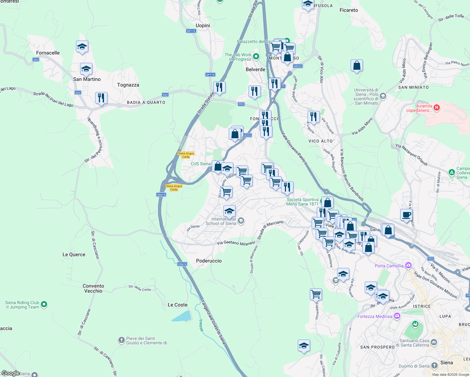 map of restaurants, bars, coffee shops, grocery stores, and more near Via Savina Petrilli in Siena