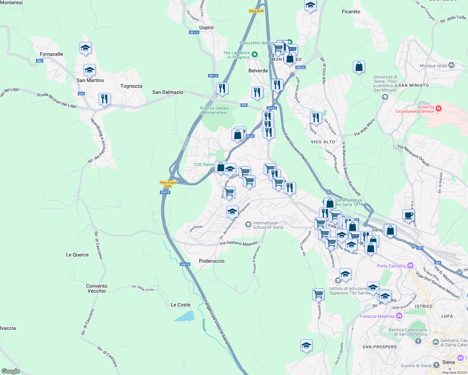 map of restaurants, bars, coffee shops, grocery stores, and more near Via Savina Petrilli in Siena