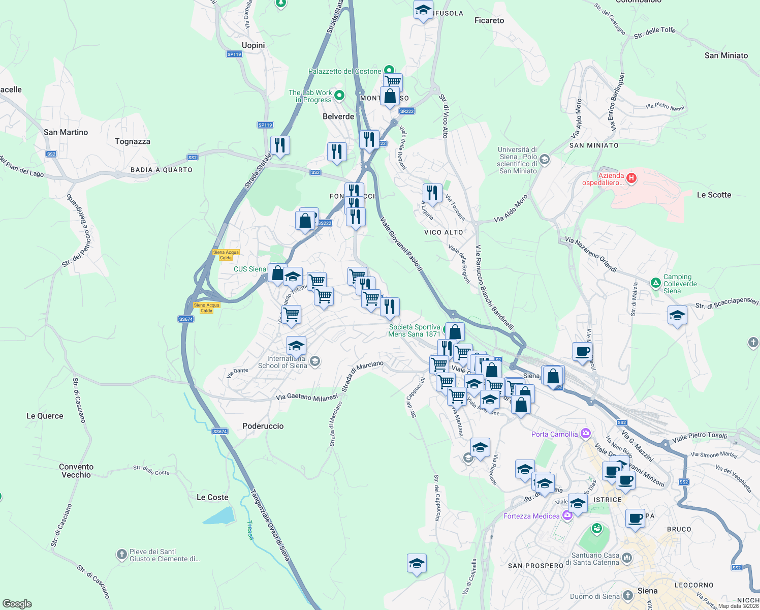 map of restaurants, bars, coffee shops, grocery stores, and more near 60 Via Fiorentina in Siena