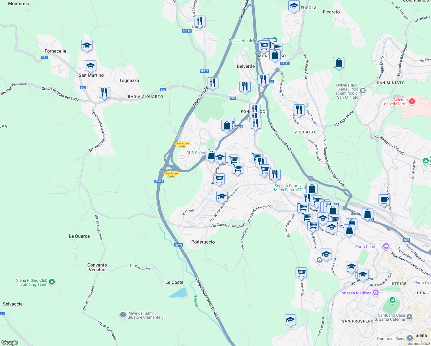 map of restaurants, bars, coffee shops, grocery stores, and more near 16 Via Tommaso Caffarini in Siena