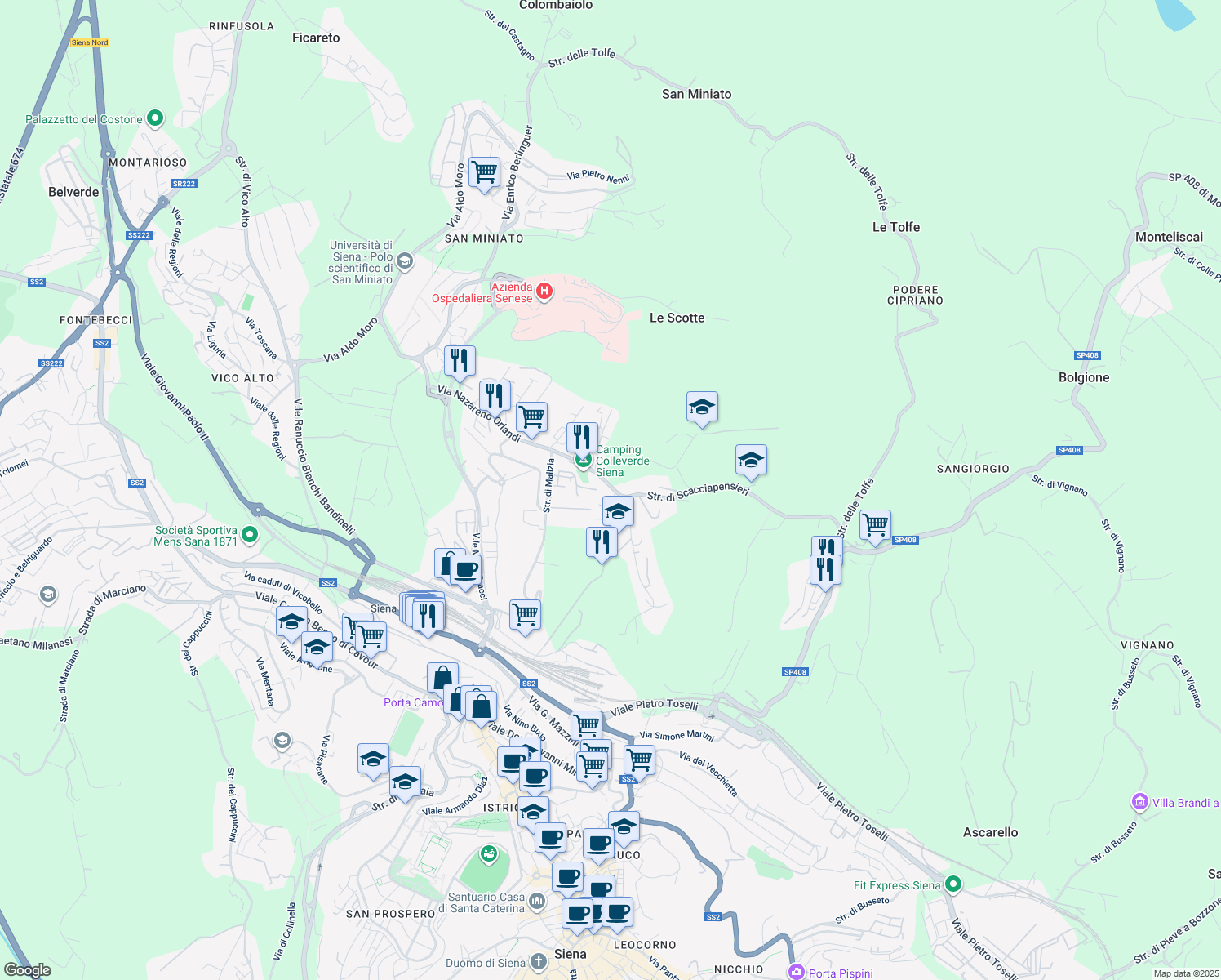 map of restaurants, bars, coffee shops, grocery stores, and more near Strada dei Scacciapensieri in Siena
