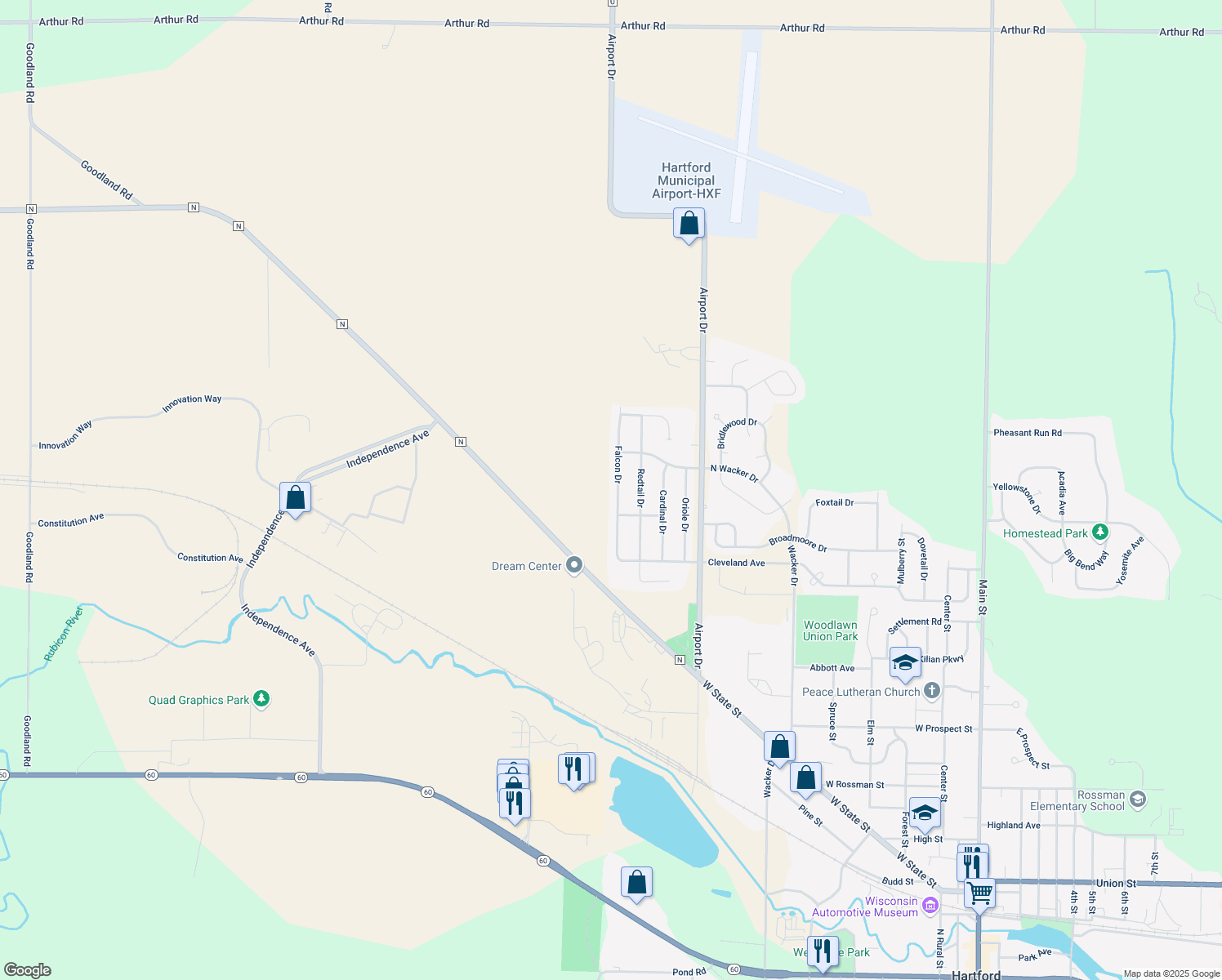 map of restaurants, bars, coffee shops, grocery stores, and more near 1609 Falcon Dr in Hartford