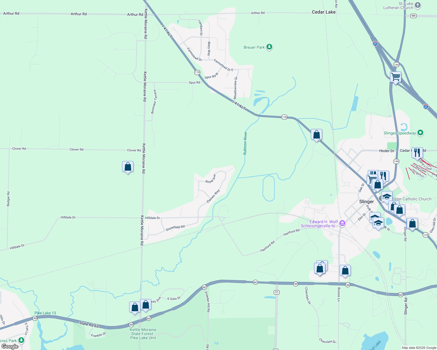 map of restaurants, bars, coffee shops, grocery stores, and more near 5475 Royal Ave in Slinger