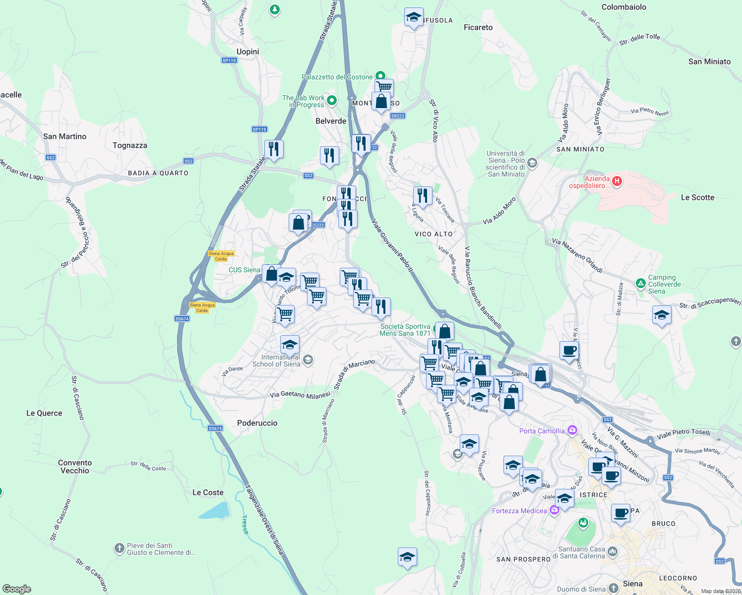 map of restaurants, bars, coffee shops, grocery stores, and more near 60 Via Fiorentina in Siena