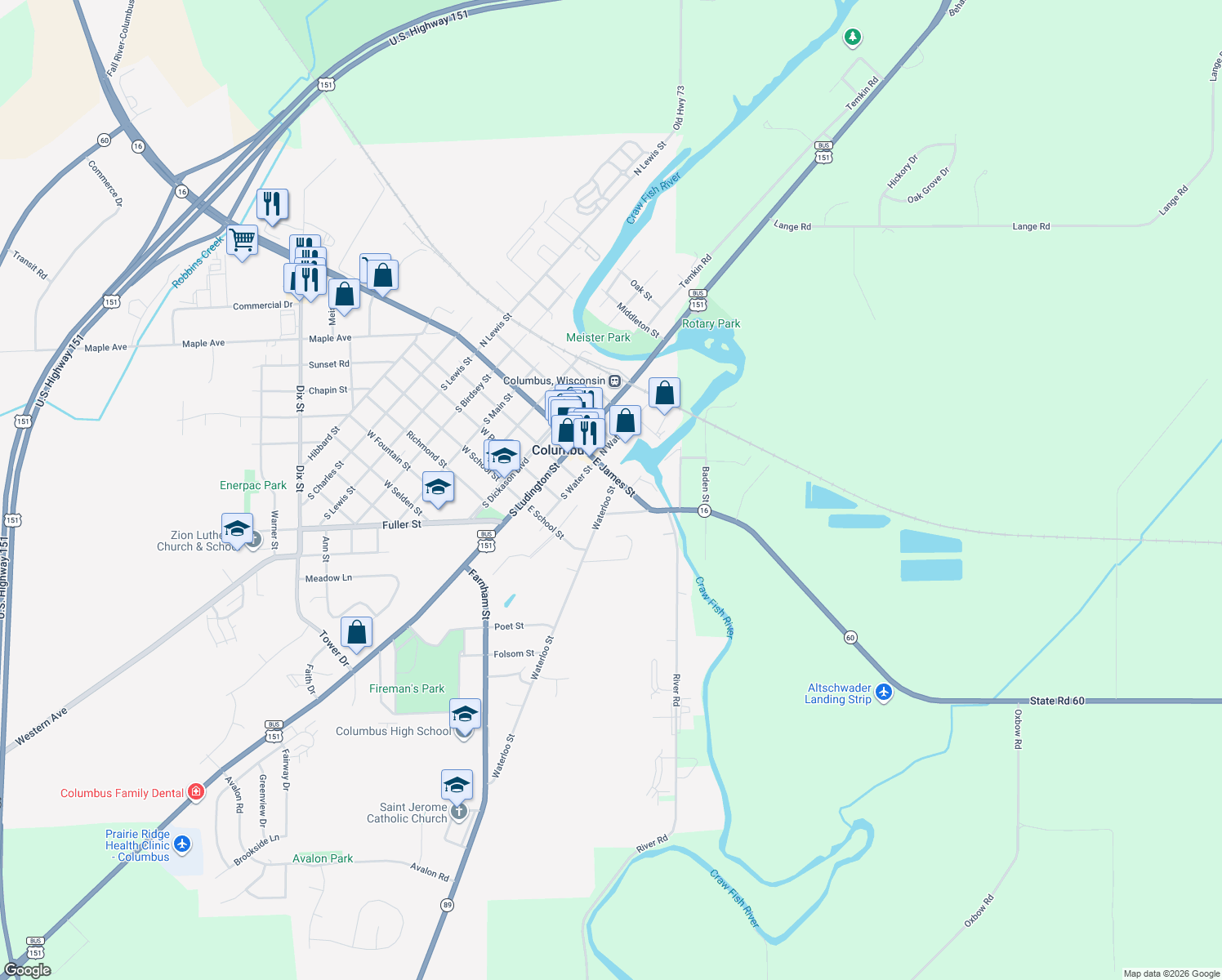 map of restaurants, bars, coffee shops, grocery stores, and more near 132 Waterloo Street in Columbus