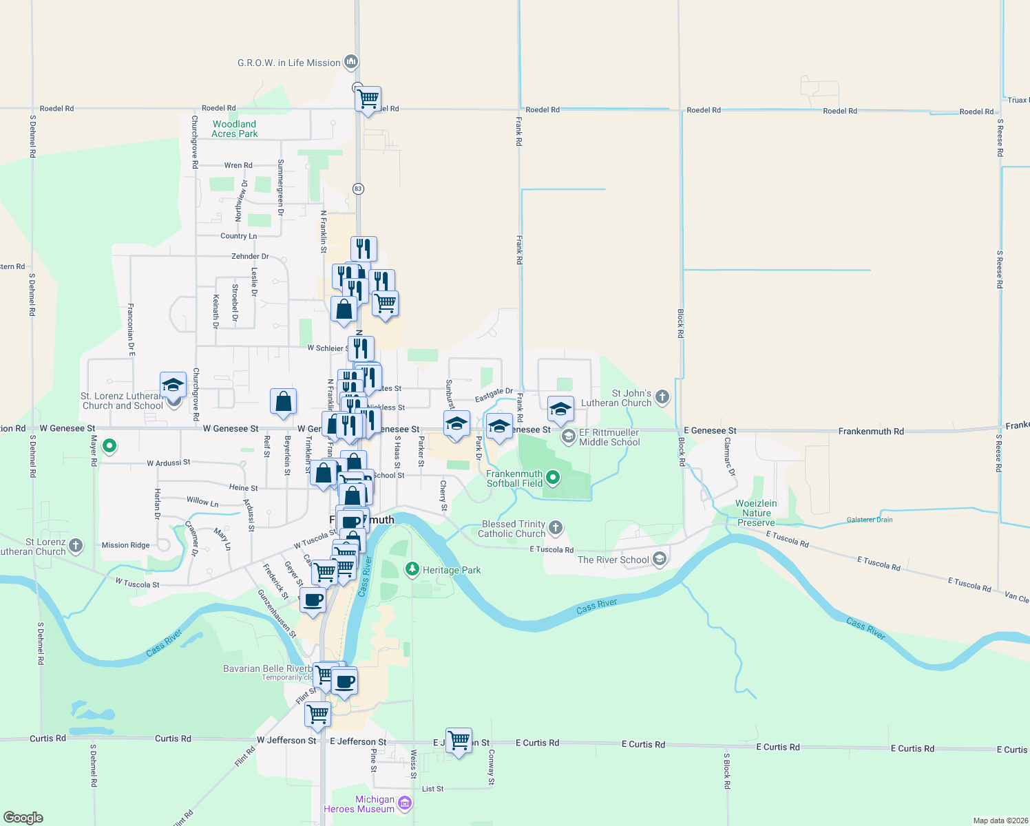 map of restaurants, bars, coffee shops, grocery stores, and more near 128 Frank Rd in Frankenmuth