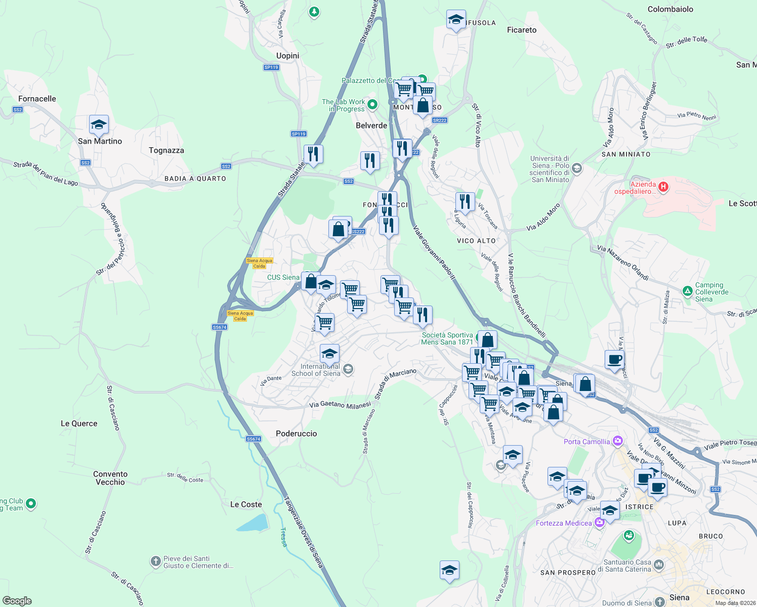 map of restaurants, bars, coffee shops, grocery stores, and more near 2 Via Celso Cittadini in Sienna