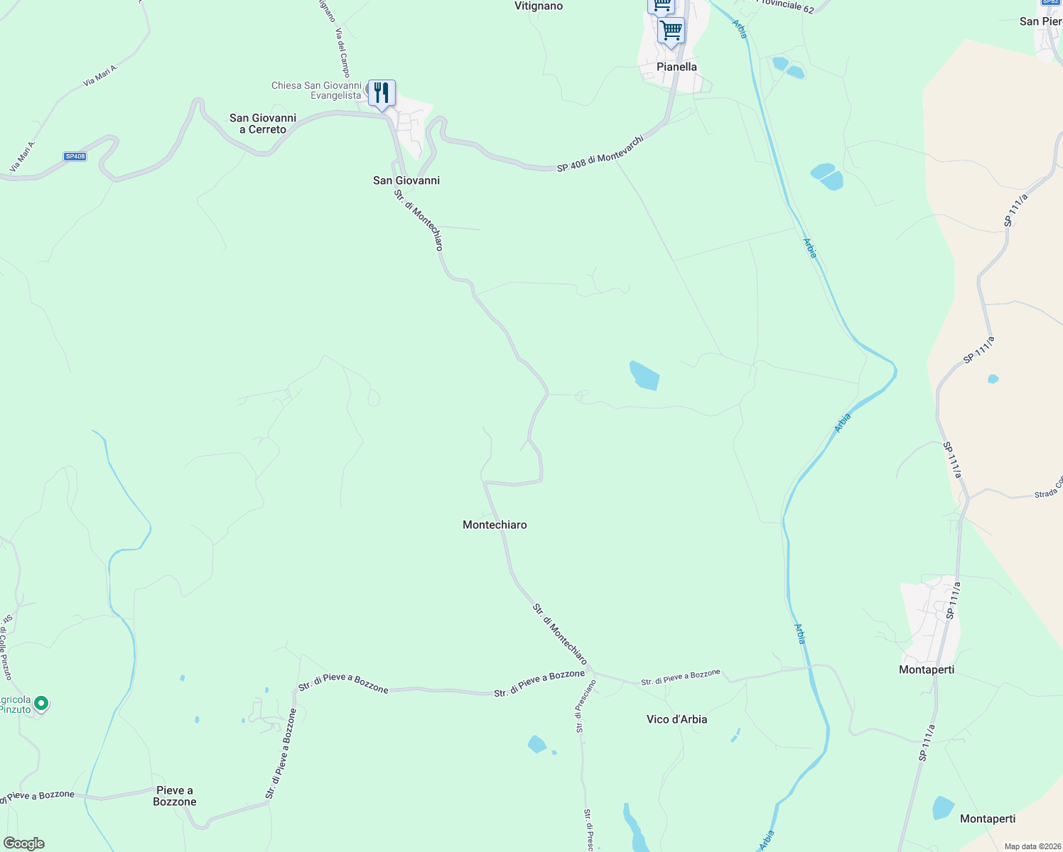map of restaurants, bars, coffee shops, grocery stores, and more near 30 Strada di Montechiaro in Provincia di Siena