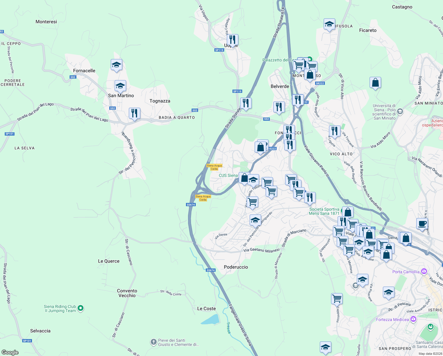 map of restaurants, bars, coffee shops, grocery stores, and more near 9 Via Pirro Maria Gabrielli in Siena