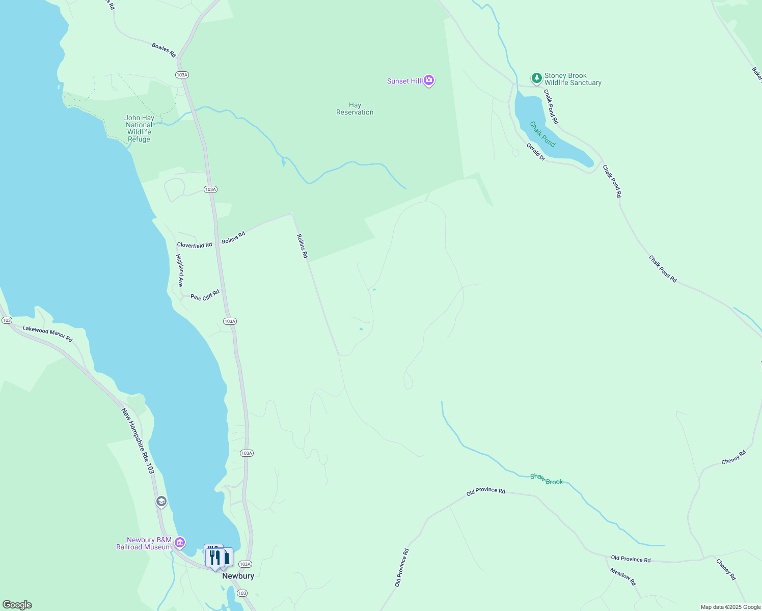 map of restaurants, bars, coffee shops, grocery stores, and more near 269 Rollins Road in Newbury