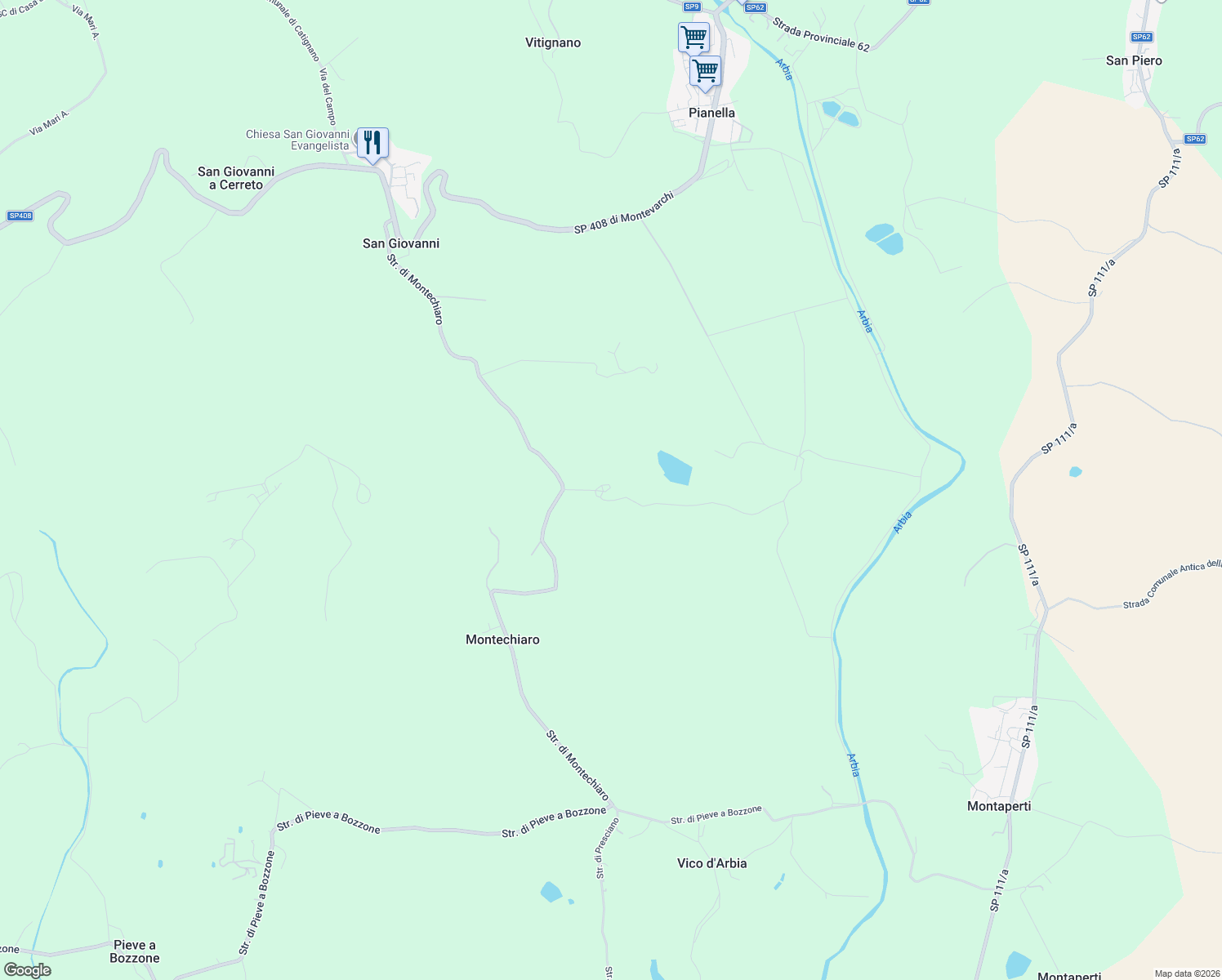 map of restaurants, bars, coffee shops, grocery stores, and more near 30 Strada di Montechiaro in Provincia di Siena