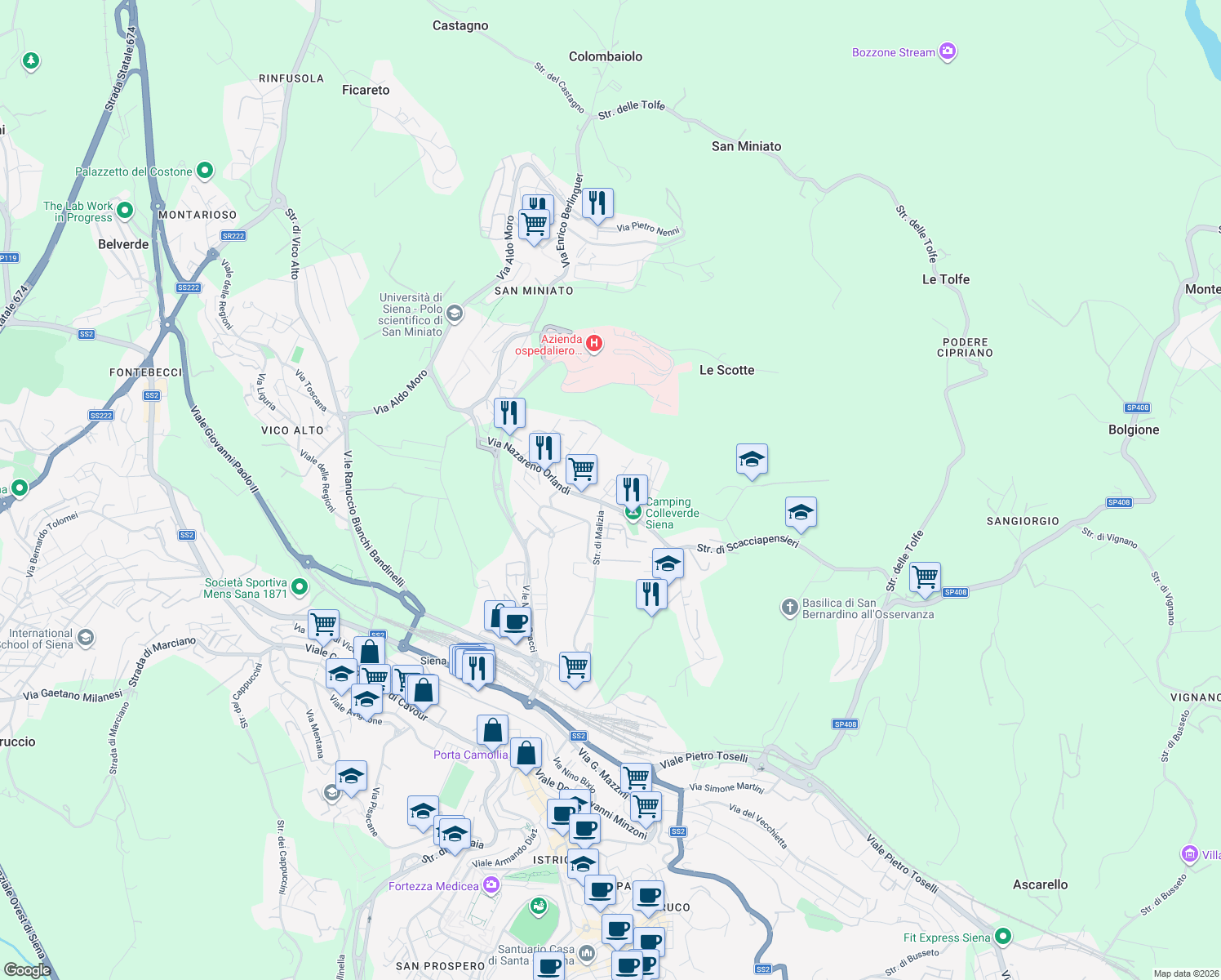 map of restaurants, bars, coffee shops, grocery stores, and more near 18 Via Colleverde in Siena