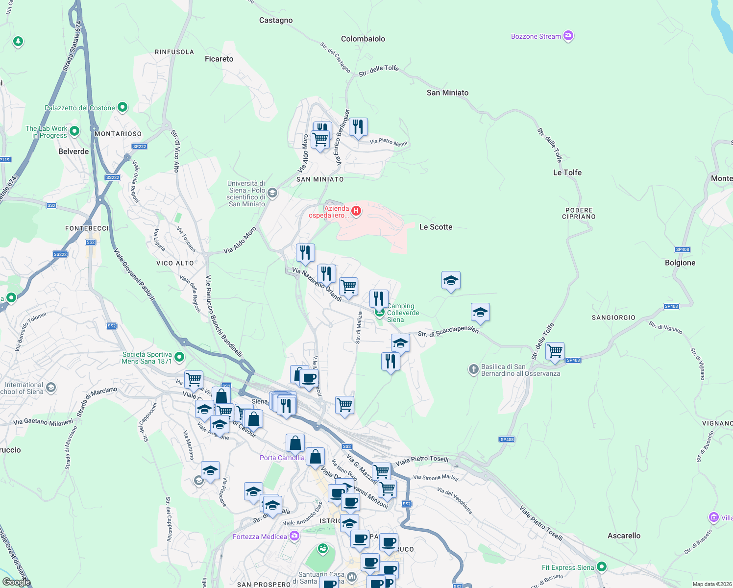 map of restaurants, bars, coffee shops, grocery stores, and more near 18 Via Colleverde in Siena