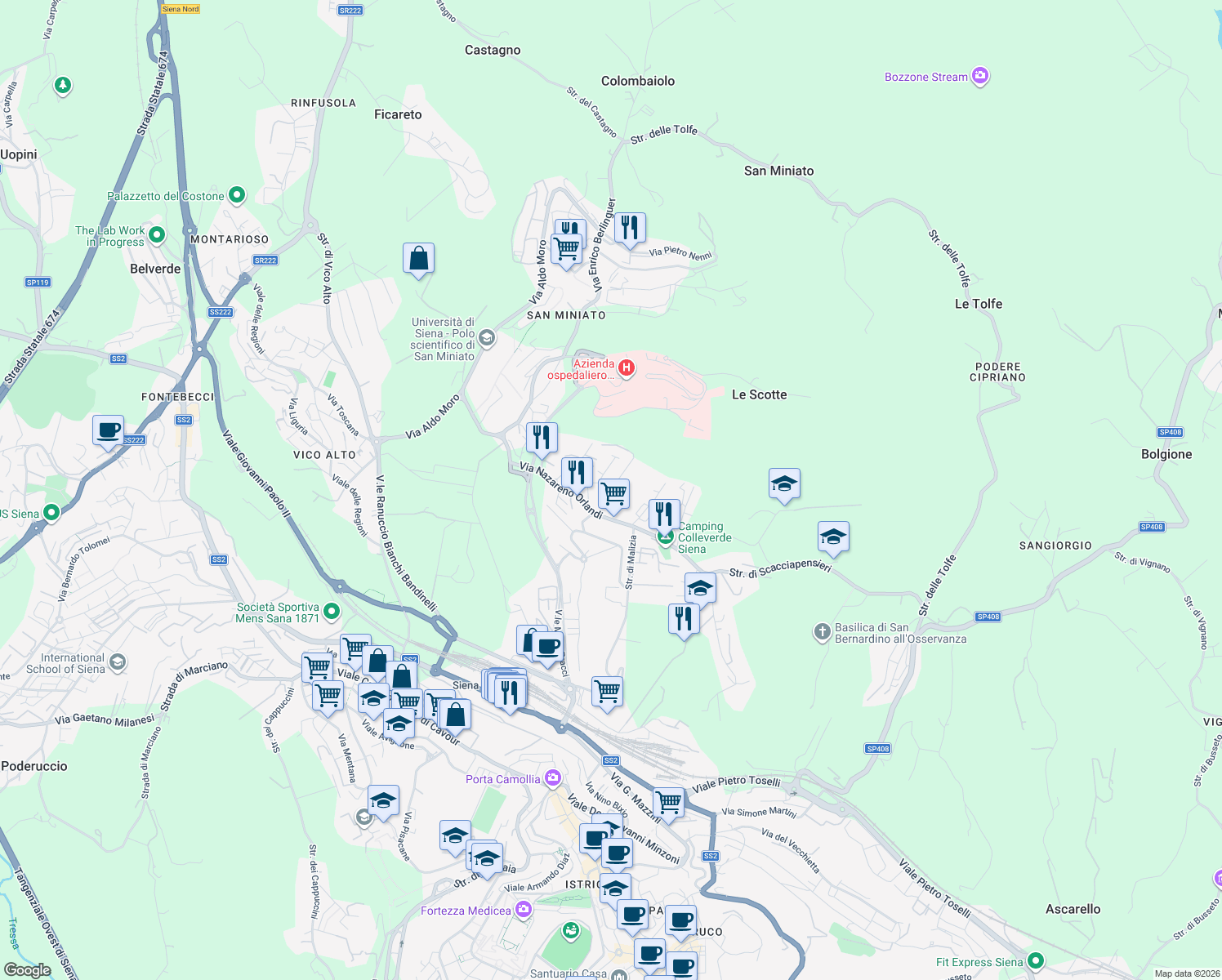 map of restaurants, bars, coffee shops, grocery stores, and more near 13 Via del Belvedere in Siena