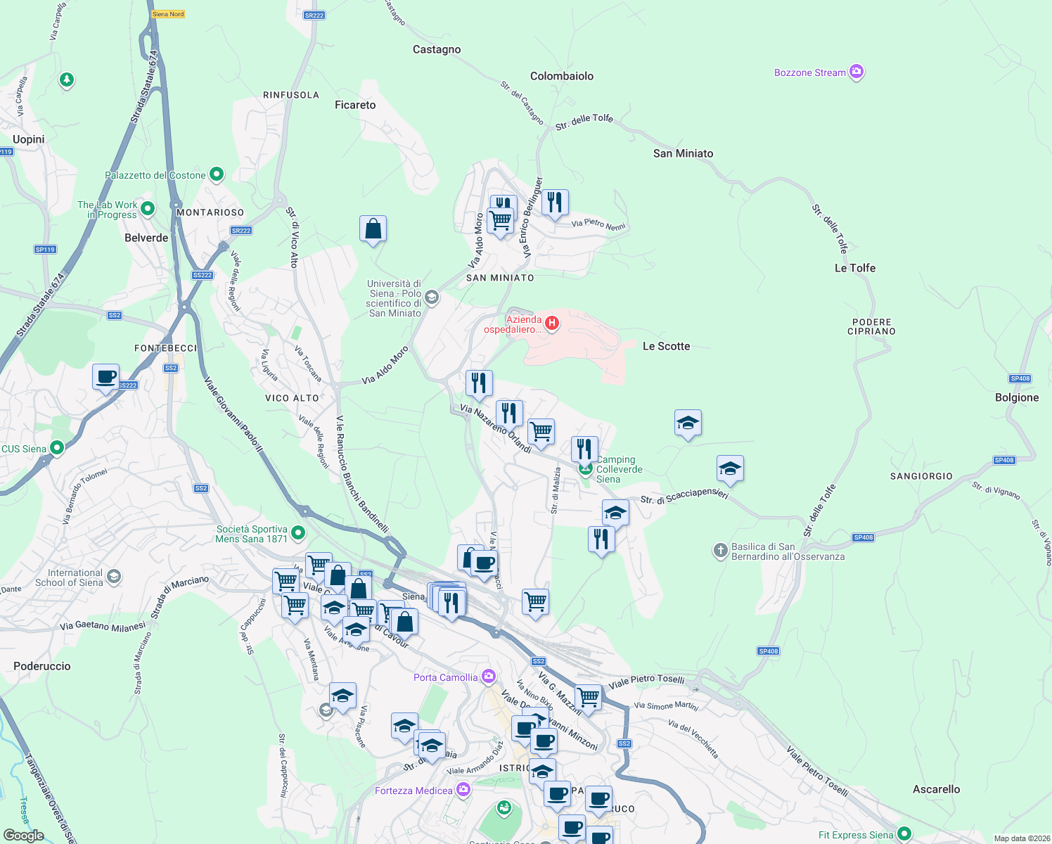 map of restaurants, bars, coffee shops, grocery stores, and more near 13 Via di Belvedere in Siena