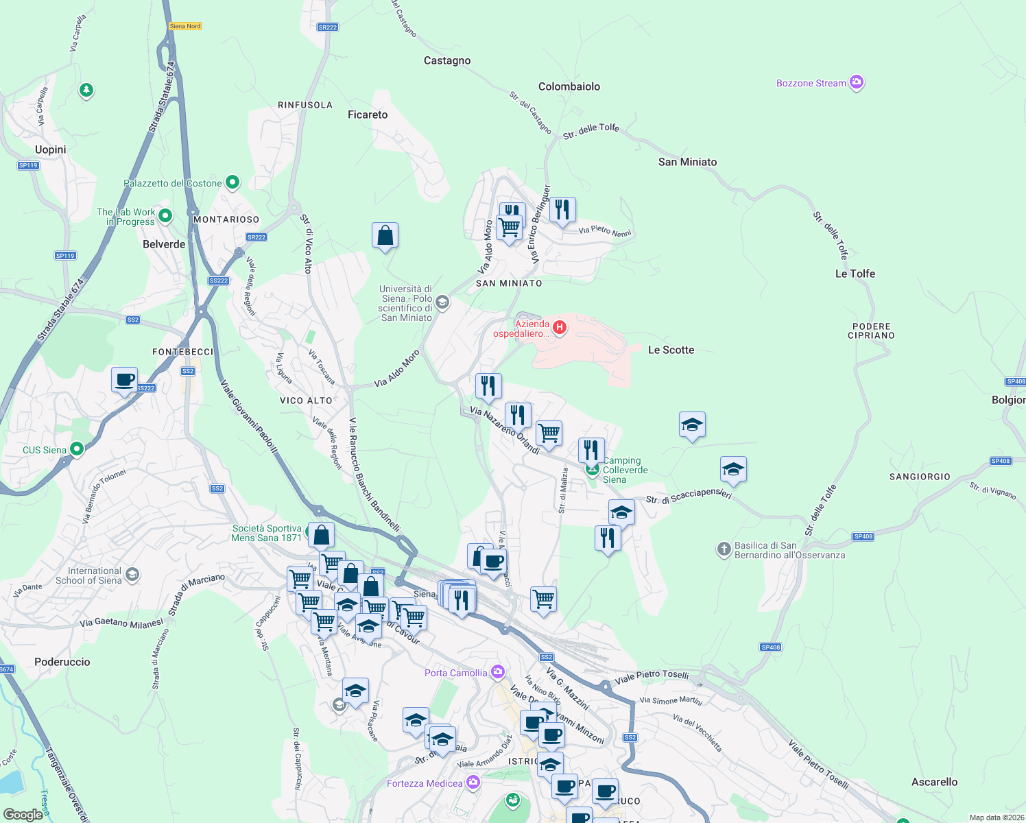 map of restaurants, bars, coffee shops, grocery stores, and more near 7 Via di Belvedere in Siena