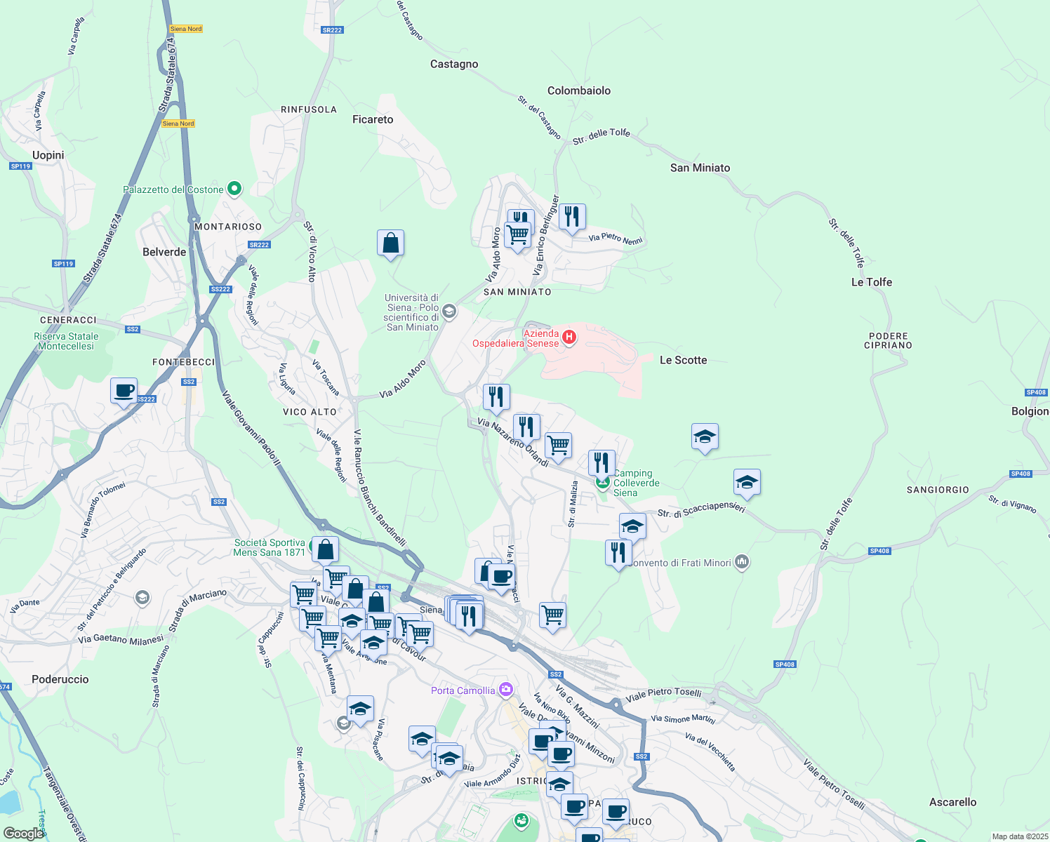 map of restaurants, bars, coffee shops, grocery stores, and more near 7 Via di Belvedere in Siena
