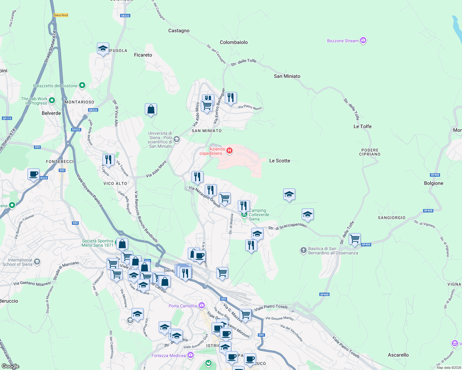 map of restaurants, bars, coffee shops, grocery stores, and more near 55 Via Gaetano Donizetti in Siena