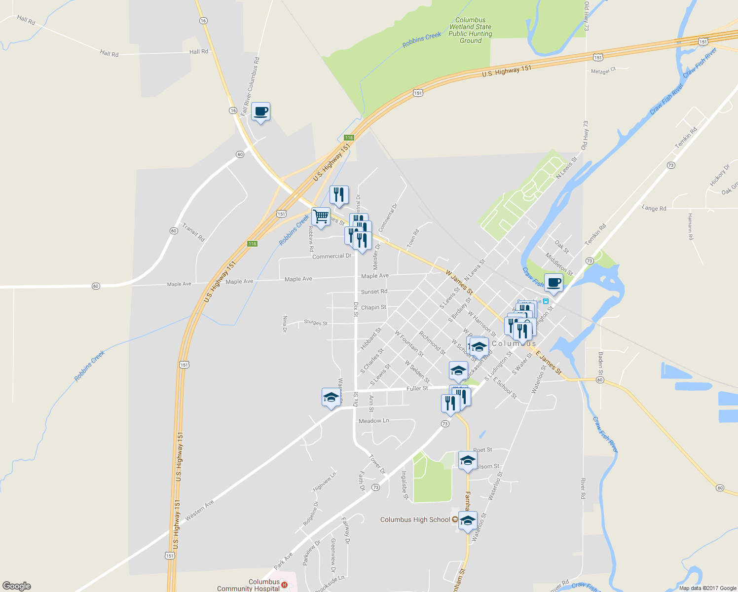 map of restaurants, bars, coffee shops, grocery stores, and more near 241 Sunset Road in Columbus