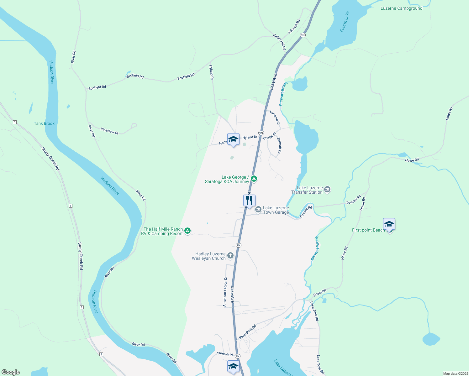 map of restaurants, bars, coffee shops, grocery stores, and more near 579 Lake Avenue in Lake Luzerne