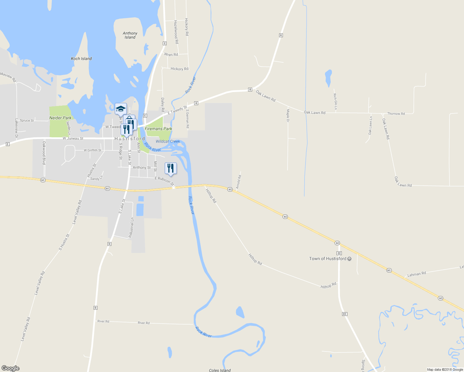 map of restaurants, bars, coffee shops, grocery stores, and more near W3856 Wisconsin 60 Trunk in Neosho