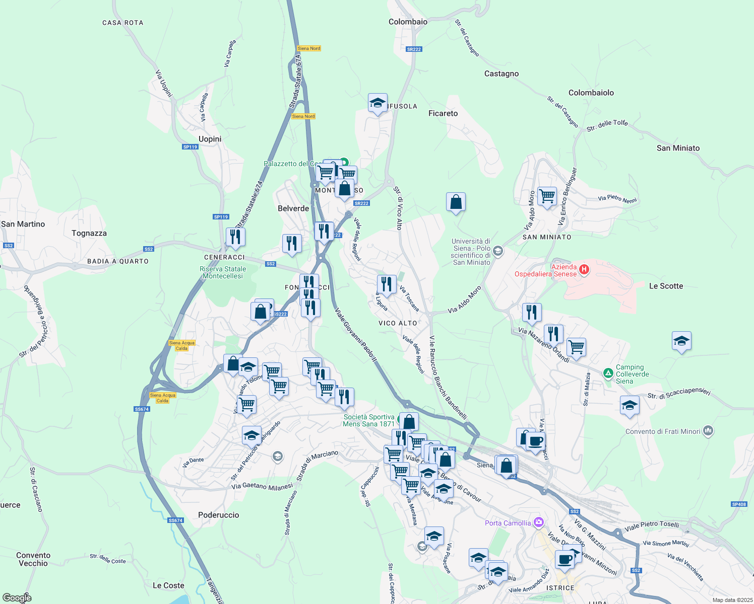 map of restaurants, bars, coffee shops, grocery stores, and more near 41 Via Liguria in Siena