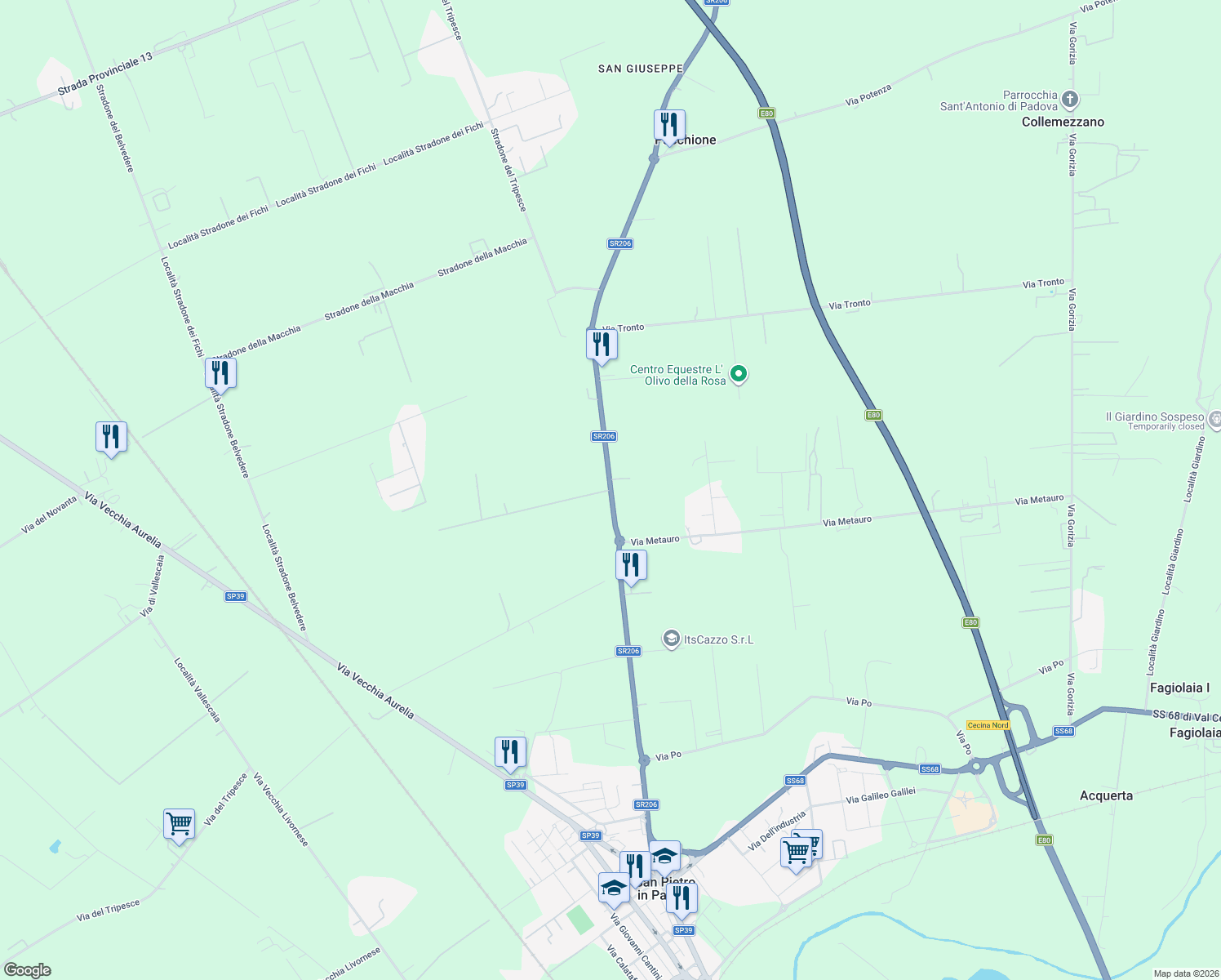 map of restaurants, bars, coffee shops, grocery stores, and more near 42 Strada Regionale 206 in Provincia di Livorno