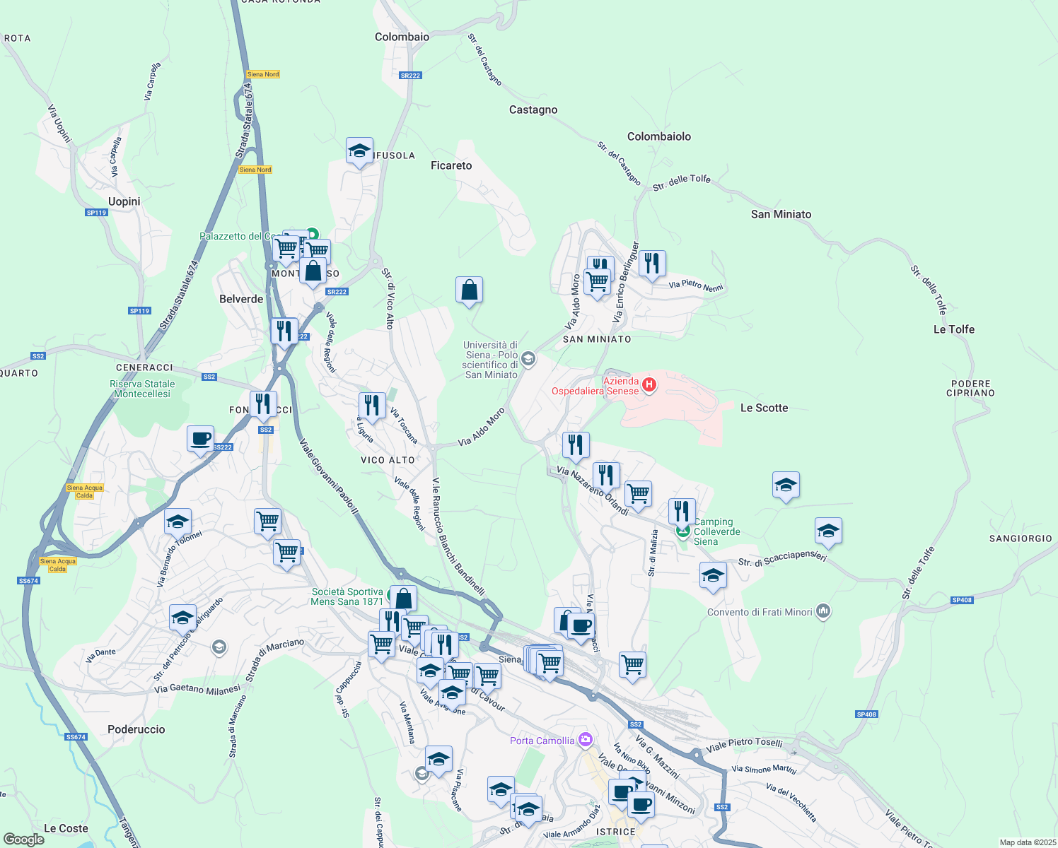 map of restaurants, bars, coffee shops, grocery stores, and more near 19 Via Luigi Einaudi in Siena