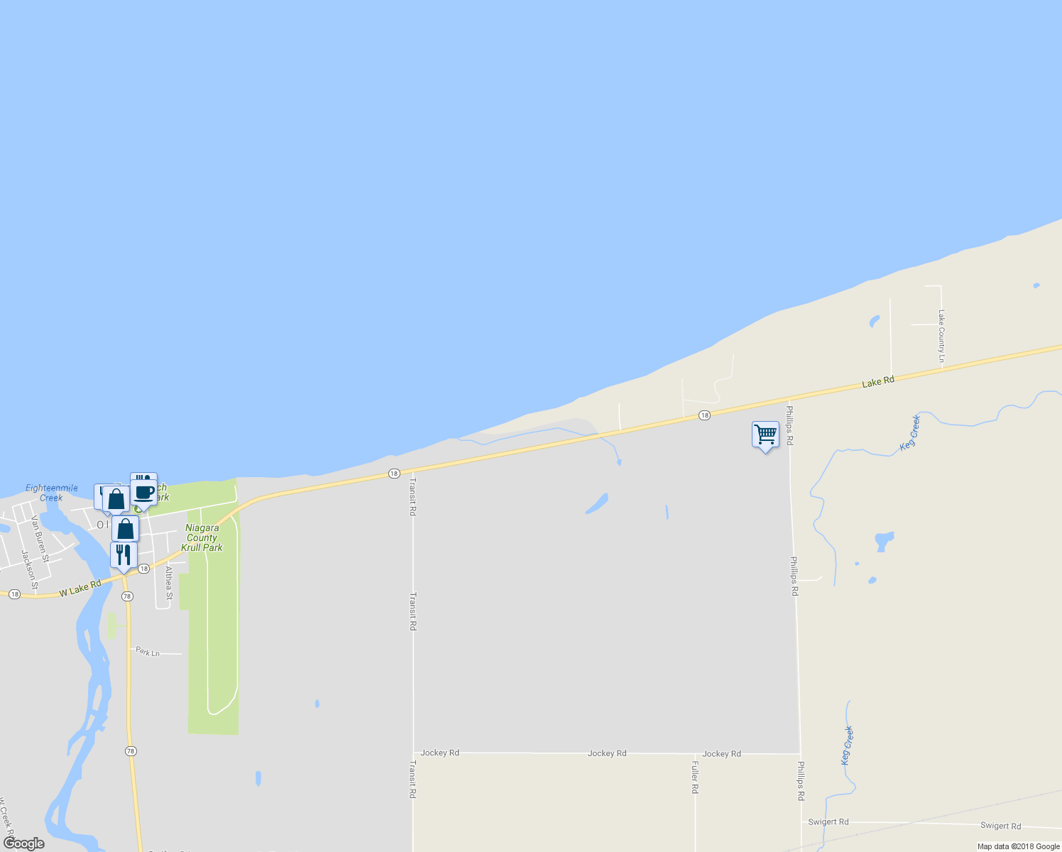 map of restaurants, bars, coffee shops, grocery stores, and more near 6297 East Lake Road in Burt