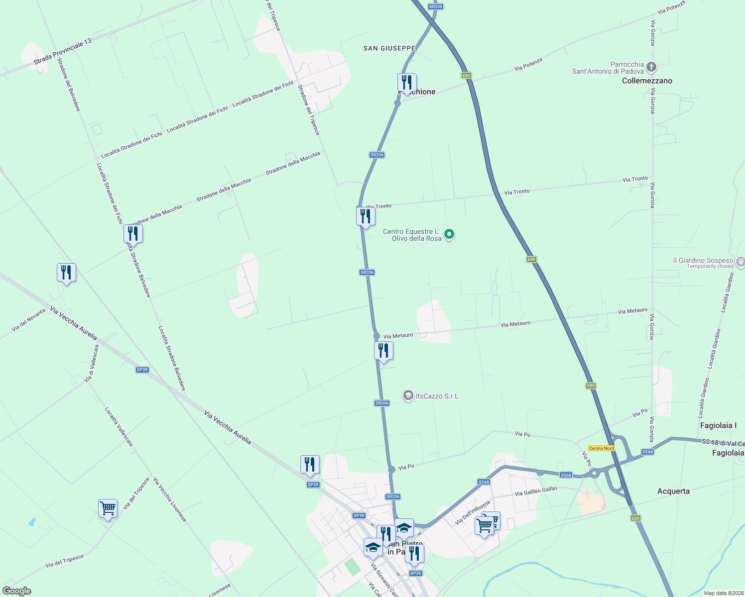 map of restaurants, bars, coffee shops, grocery stores, and more near 42 SR206 in Provincia di Livorno