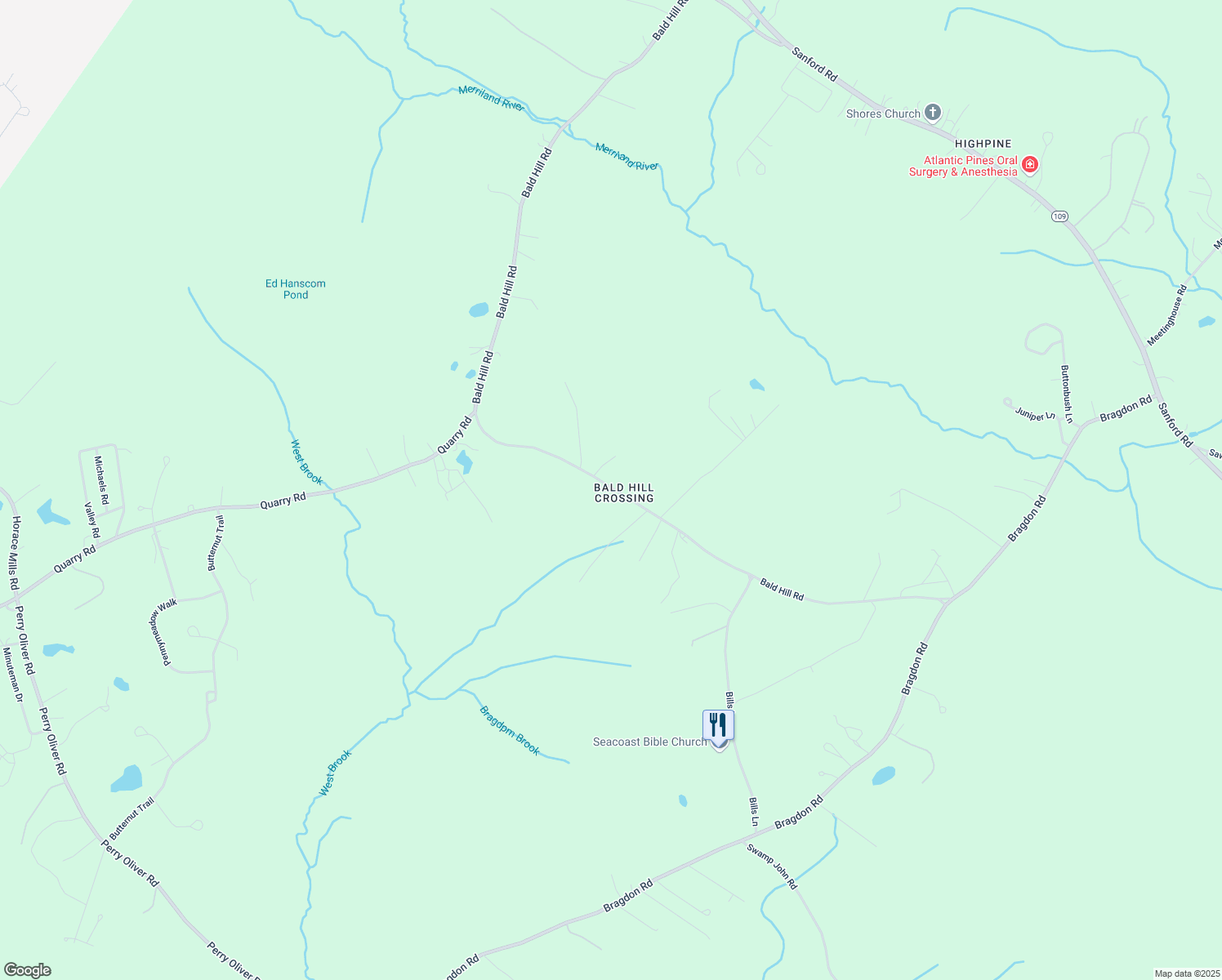 map of restaurants, bars, coffee shops, grocery stores, and more near 410 Bald Hill Rd in Wells