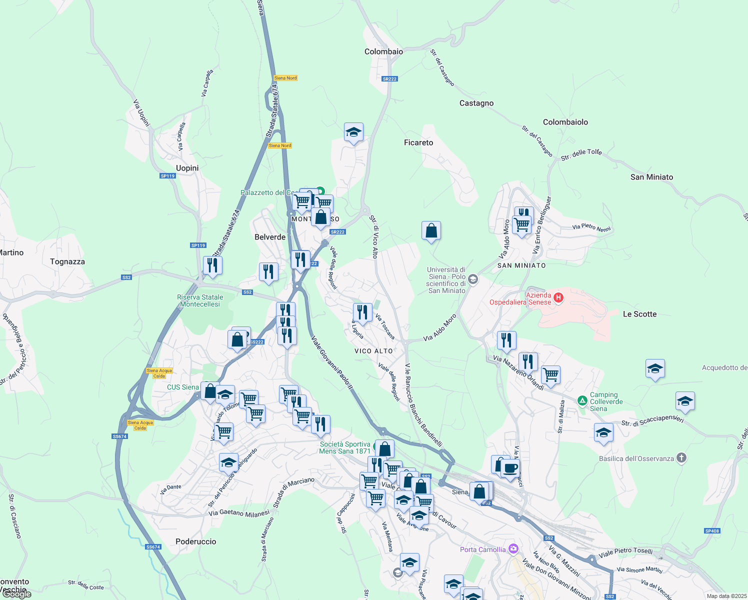 map of restaurants, bars, coffee shops, grocery stores, and more near Via Lazio in Siena