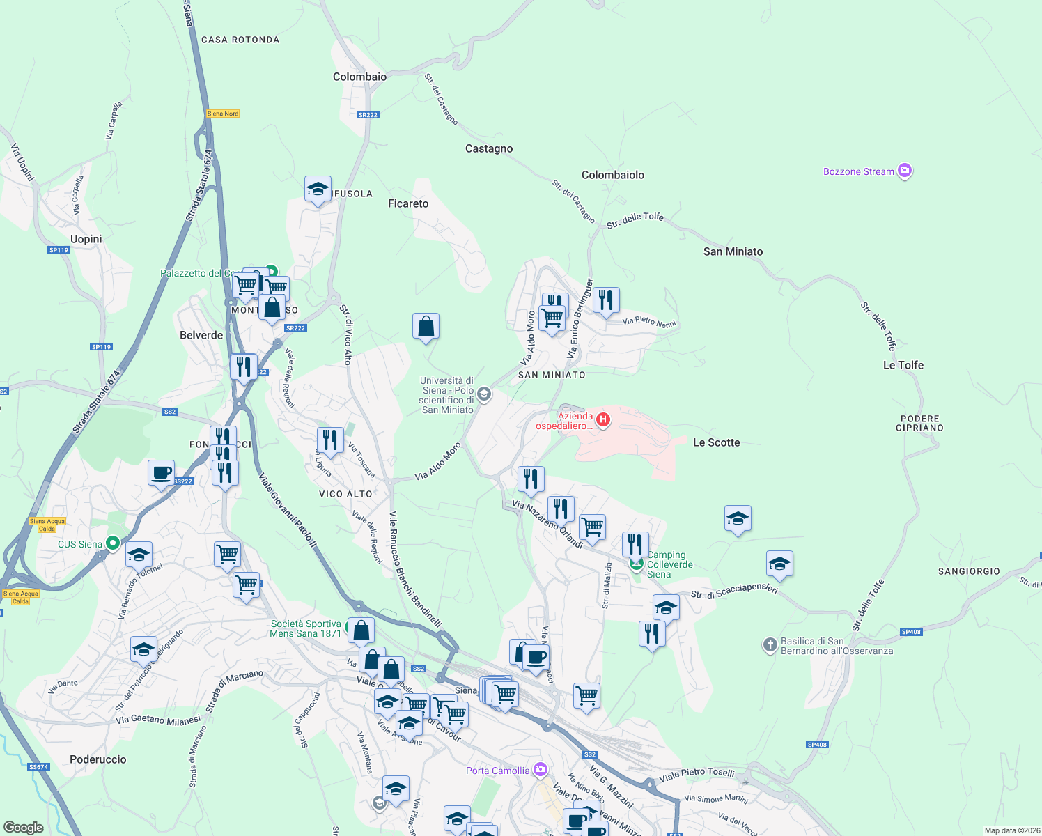 map of restaurants, bars, coffee shops, grocery stores, and more near 21 Via Bruno Buozzi in Siena