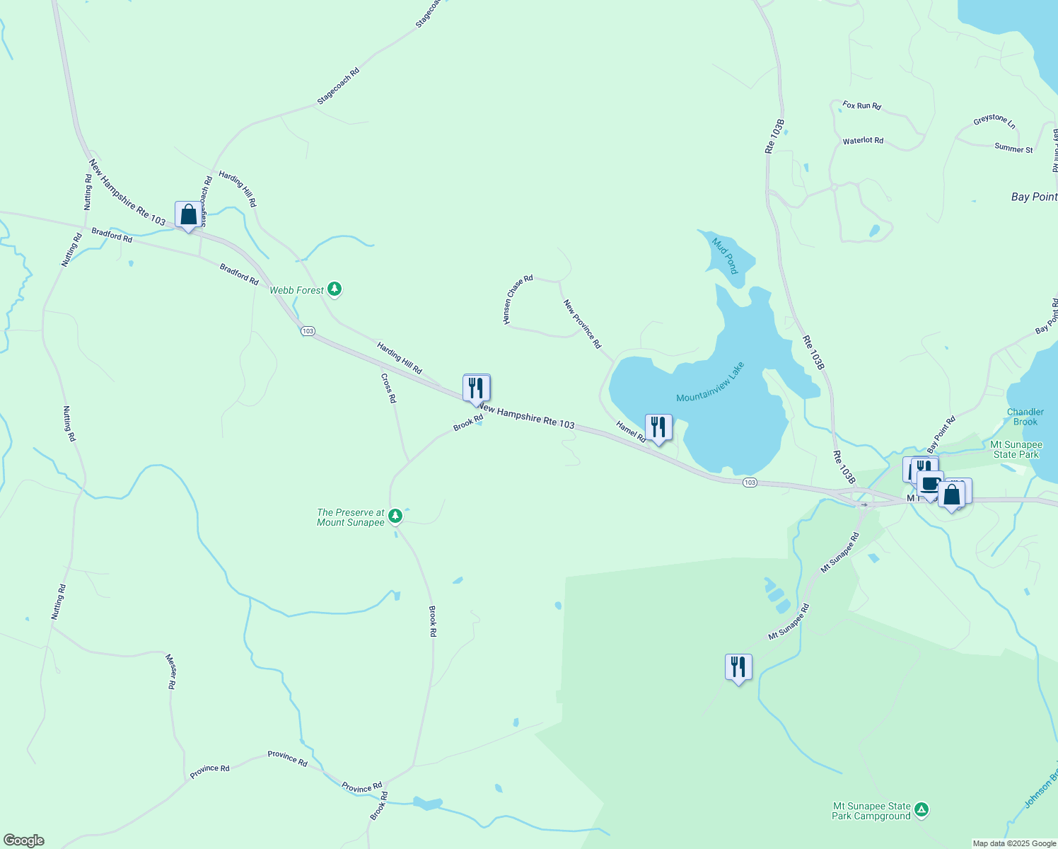 map of restaurants, bars, coffee shops, grocery stores, and more near 616 New Hampshire Route 103 in Sunapee