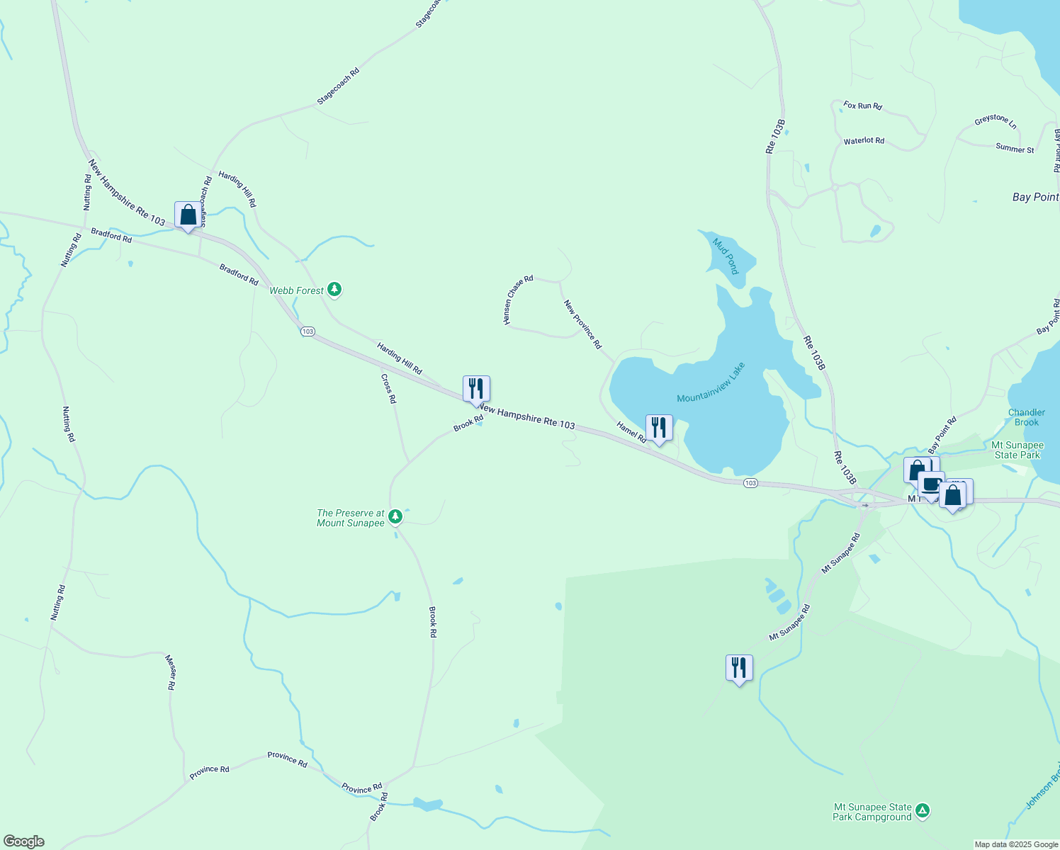 map of restaurants, bars, coffee shops, grocery stores, and more near 616 New Hampshire Route 103 in Sunapee
