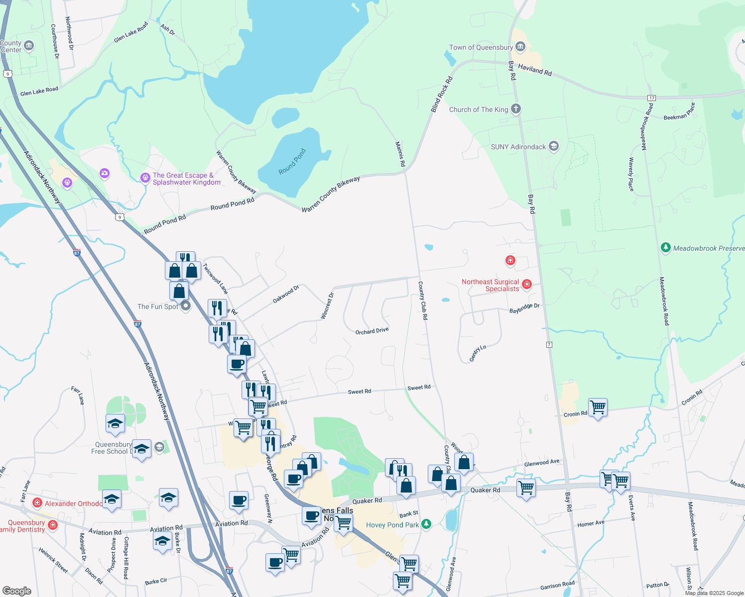 map of restaurants, bars, coffee shops, grocery stores, and more near 4 Saint Andrews Drive in Queensbury
