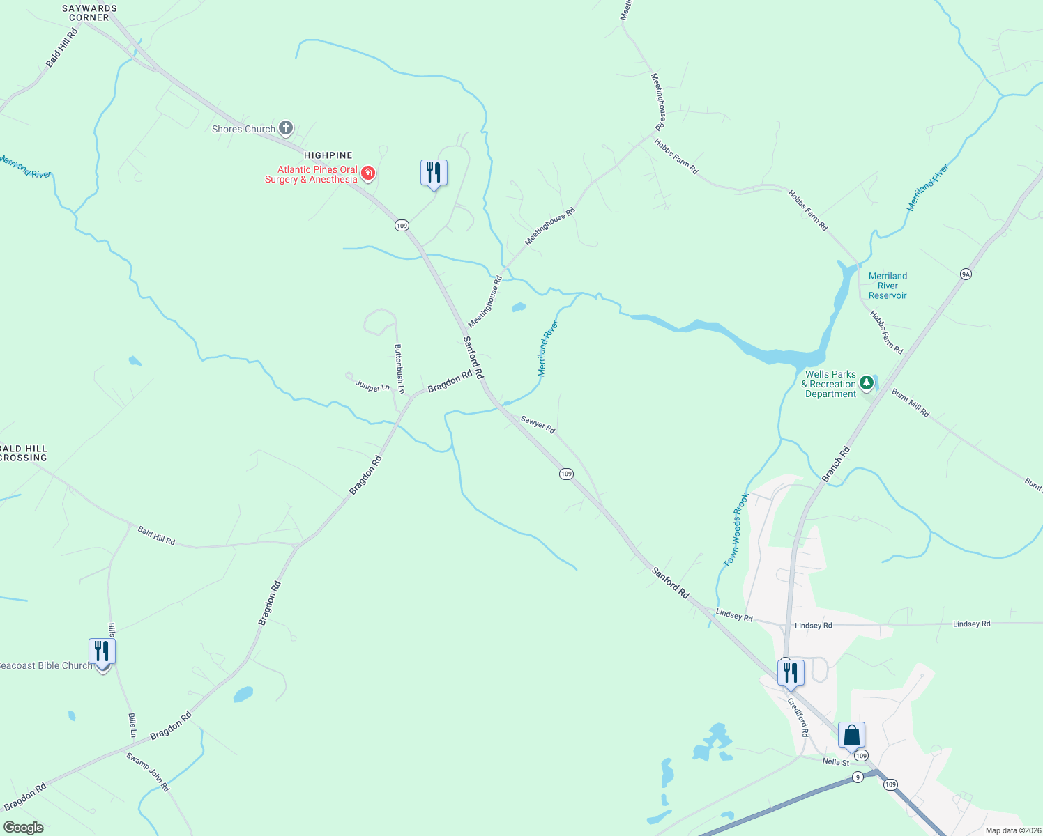 map of restaurants, bars, coffee shops, grocery stores, and more near 131 Sawyer Road in Wells