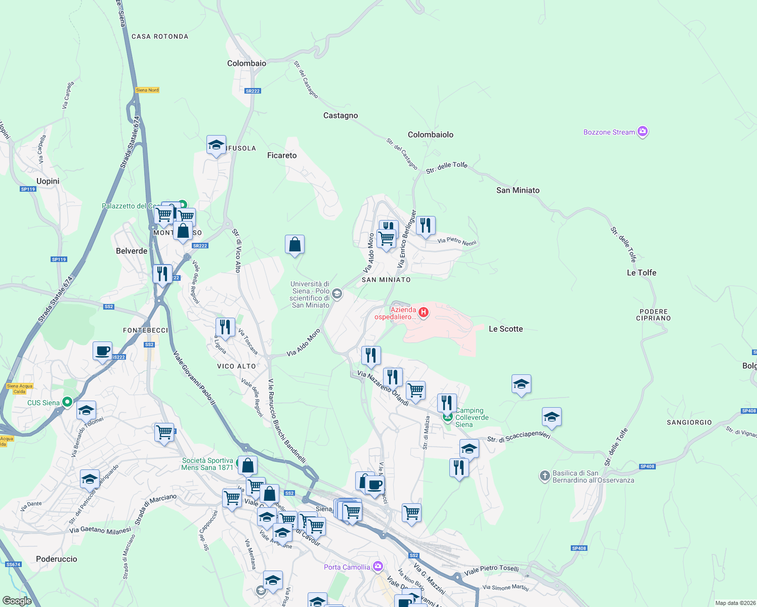 map of restaurants, bars, coffee shops, grocery stores, and more near 21 Via Enrico Berlinguer in Siena