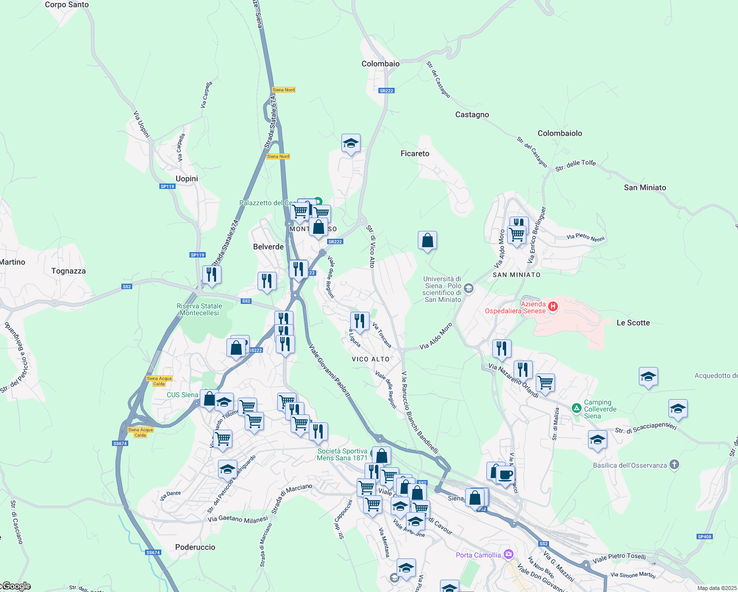 map of restaurants, bars, coffee shops, grocery stores, and more near Via Lazio in Siena