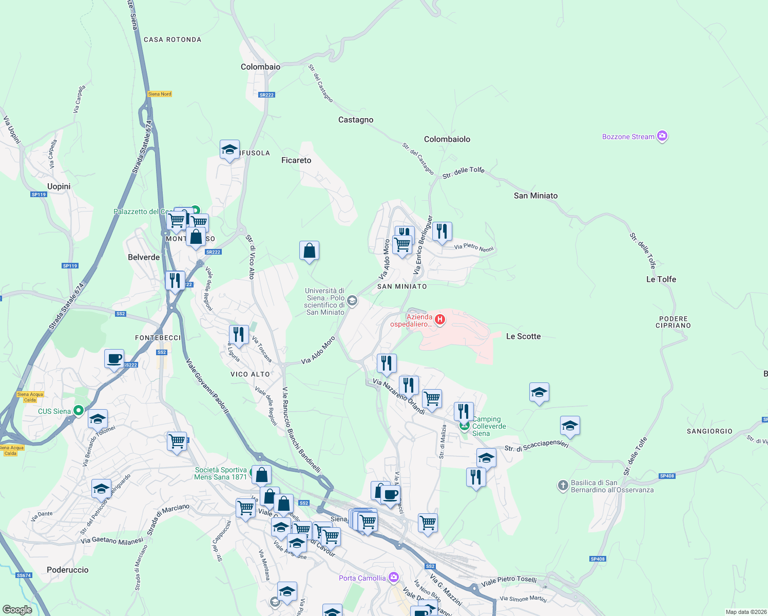 map of restaurants, bars, coffee shops, grocery stores, and more near 21 Via Enrico Berlinguer in Siena