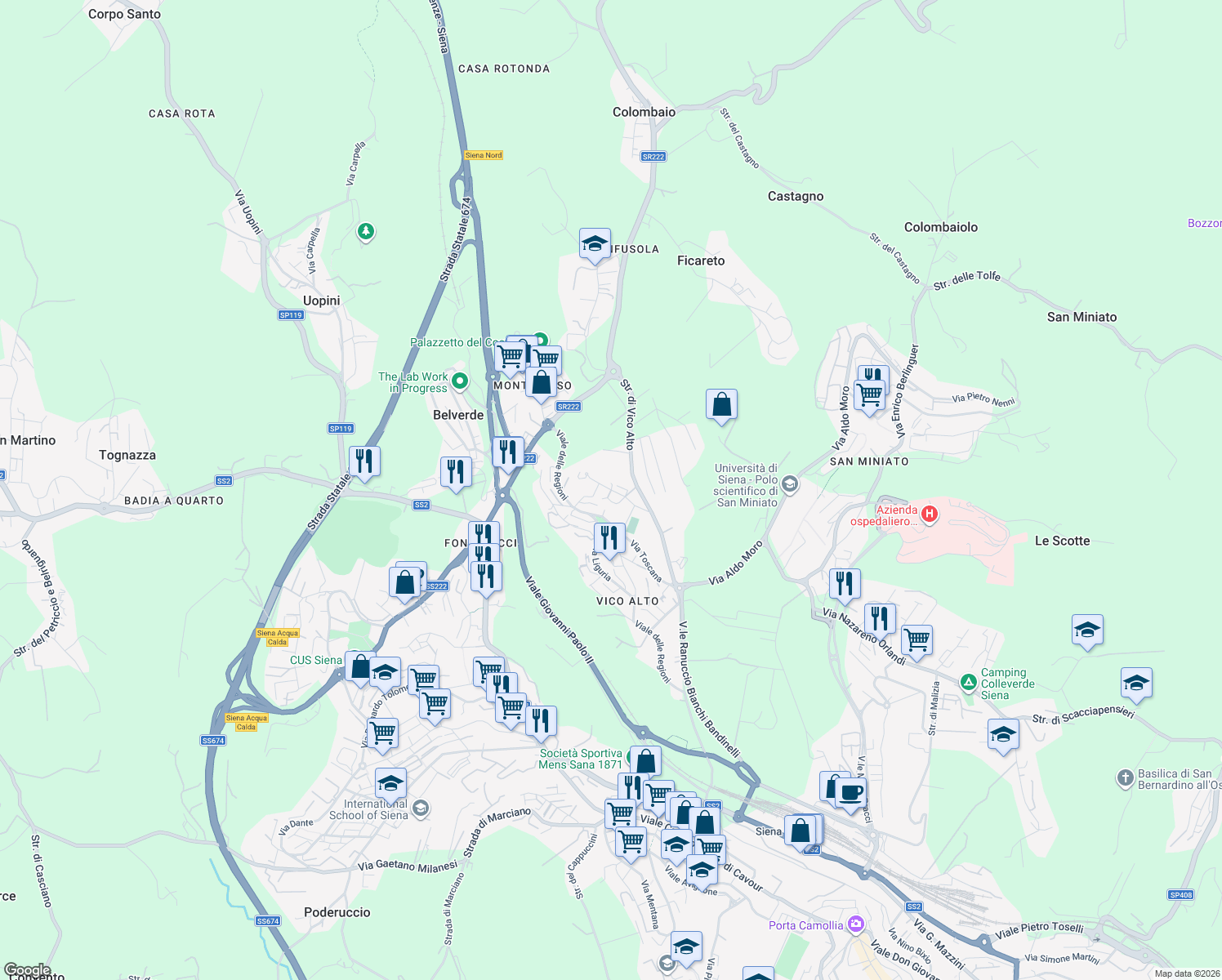 map of restaurants, bars, coffee shops, grocery stores, and more near Via Lazio in Siena