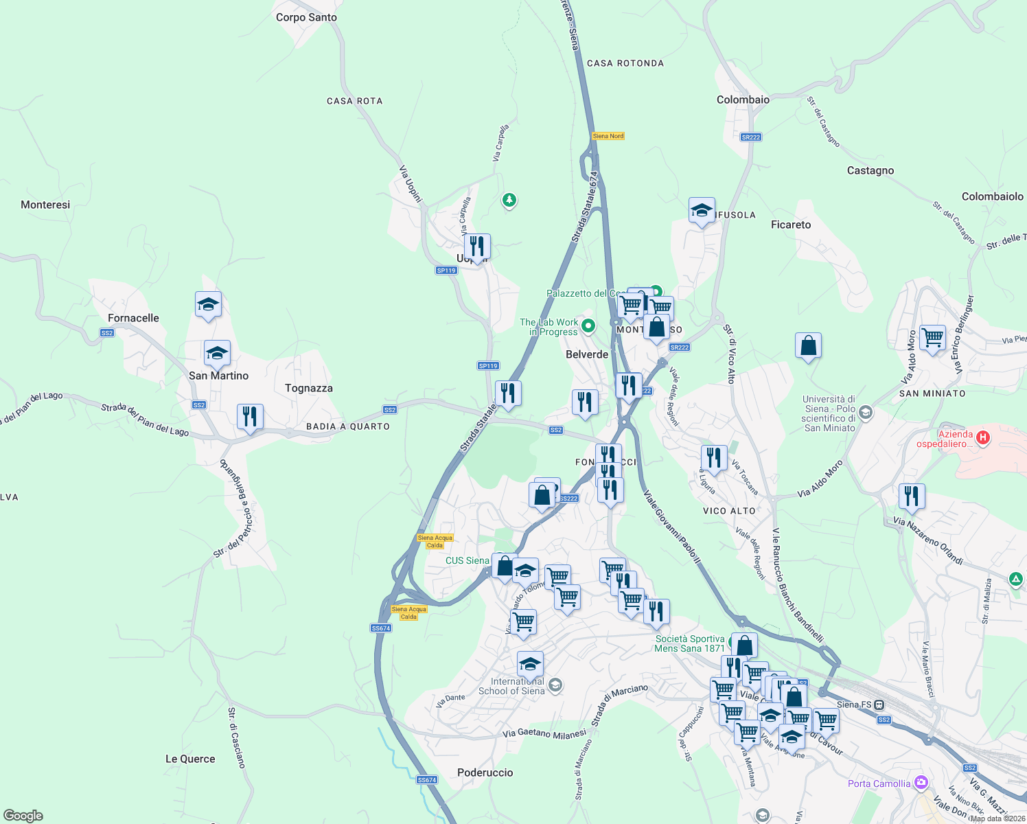 map of restaurants, bars, coffee shops, grocery stores, and more near 4 Via Uopini in Provincia di Siena