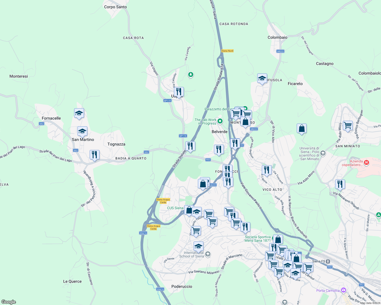 map of restaurants, bars, coffee shops, grocery stores, and more near 4 Via Uopini in Provincia di Siena