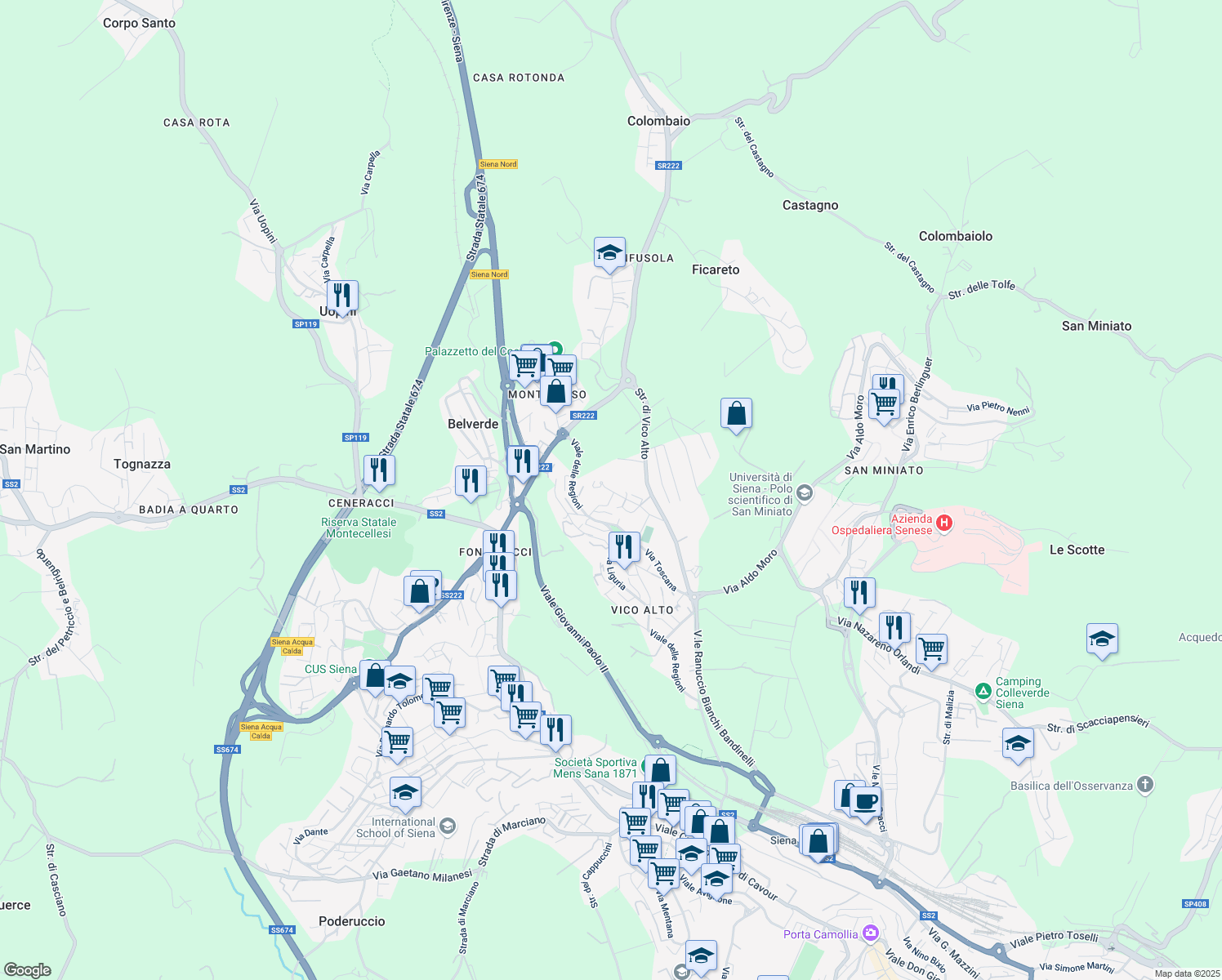 map of restaurants, bars, coffee shops, grocery stores, and more near 39 Via Sicilia in Siena